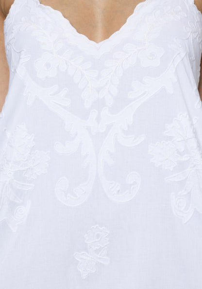 Embroidered V Neck Dress White