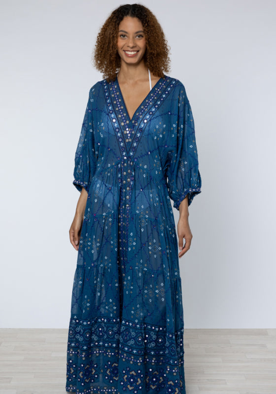 V Neck Loose Dress Mosaic Peacock