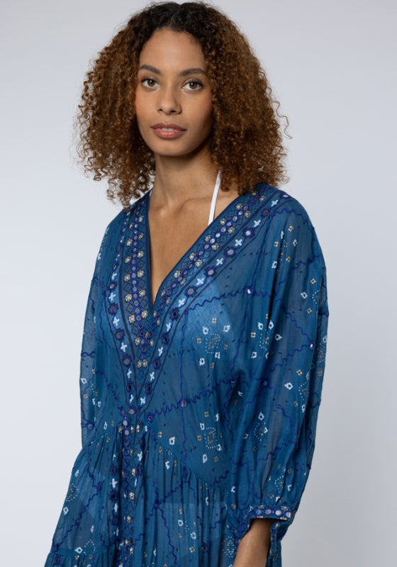 V Neck Loose Dress Mosaic Peacock