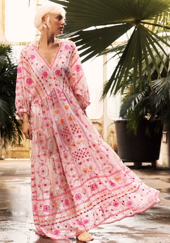 Mexican Embroidered V Neck Maxi Dress