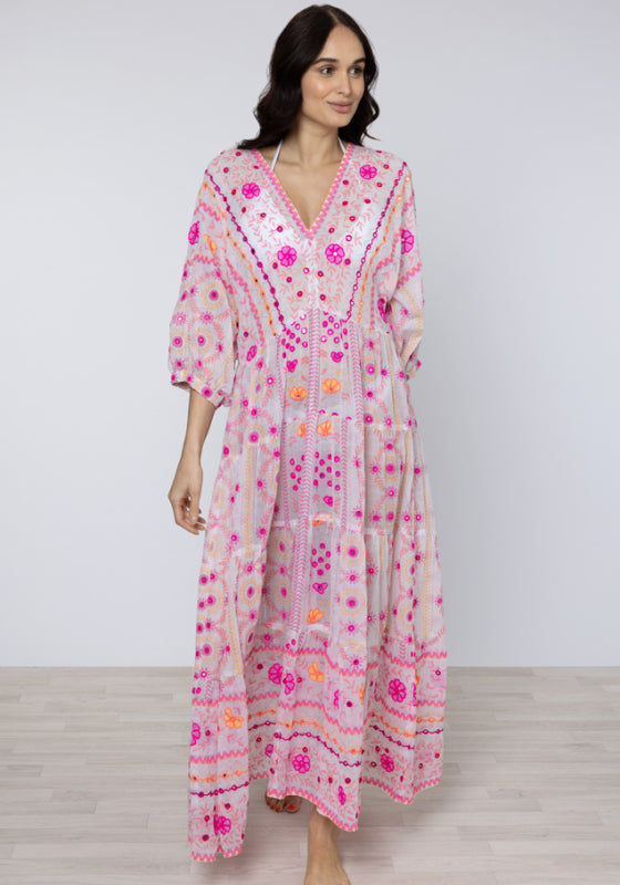 Mexican Embroidered V Neck Maxi Dress