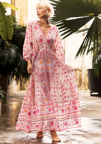 Mexican Embroidered V Neck Maxi Dress