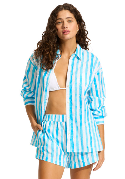 Isla Palm Oversized Beach Shirt Turquoise