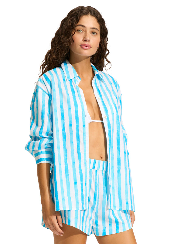 Isla Palm Oversized Beach Shirt Turquoise