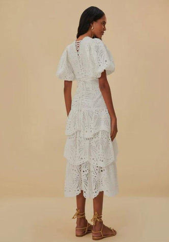 White Eyelet Puff Sleeve Midi Dress