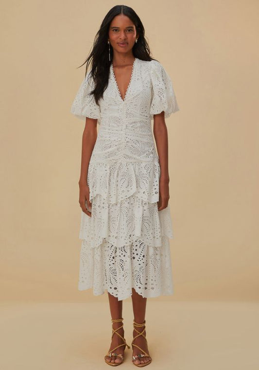 Farm Rio, White cotton eyelet v neckline puffed sleeve midi dress