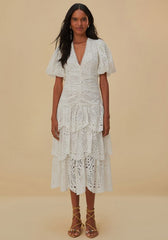 White Eyelet Puff Sleeve Midi Dress