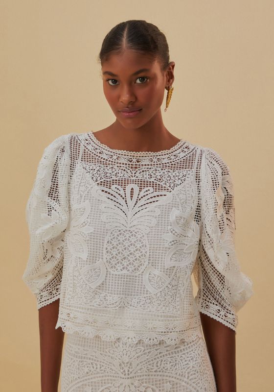 Farm Rio, White Guipire Blouse