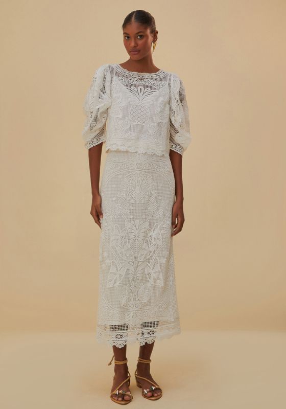 Farm Rio, White Guipire Midi skirt