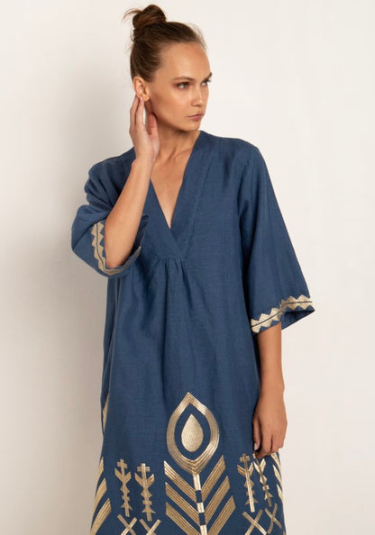 Indigo Midi Dress with Gold Embroidery