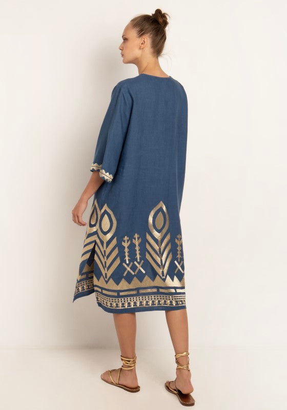 Indigo Midi Dress with Gold Embroidery