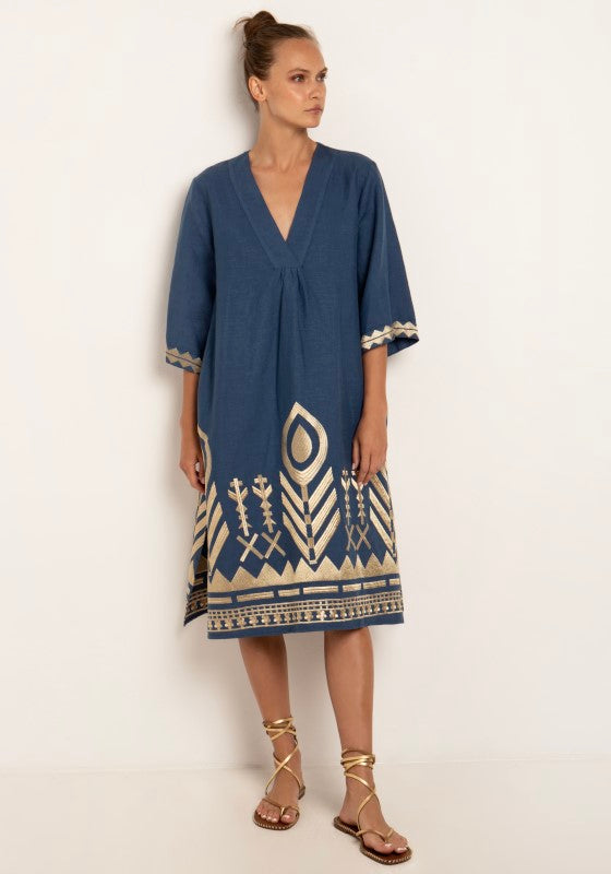 Greek Archaic Kori Indigo Midi kaftan with Gold embroidery