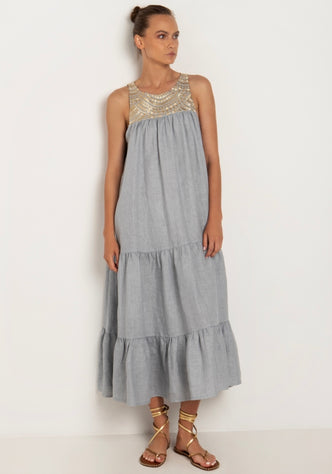 Greek Archaic Kori Sleeveless Tiered Dress Grey