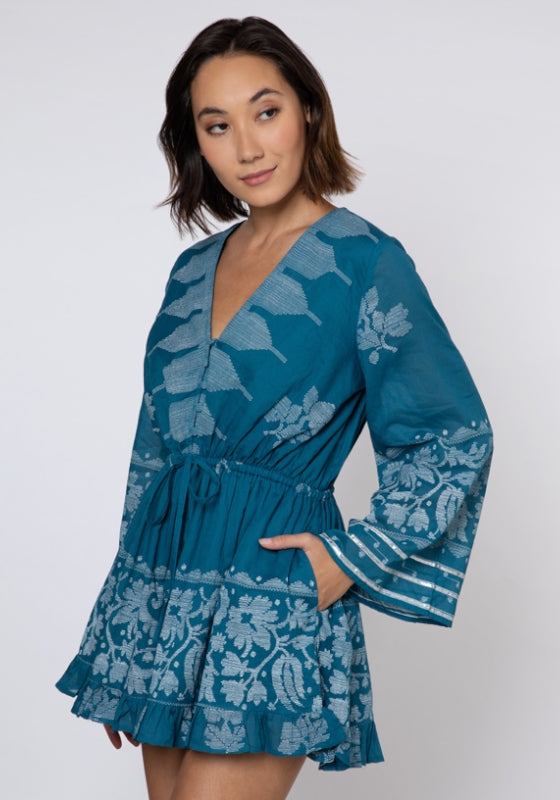 Juliet Dunn, Flare sleeve dhaka print playsuit in petrol 