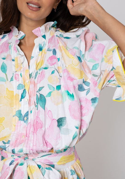 Peony Print Blouson Dress Lemon