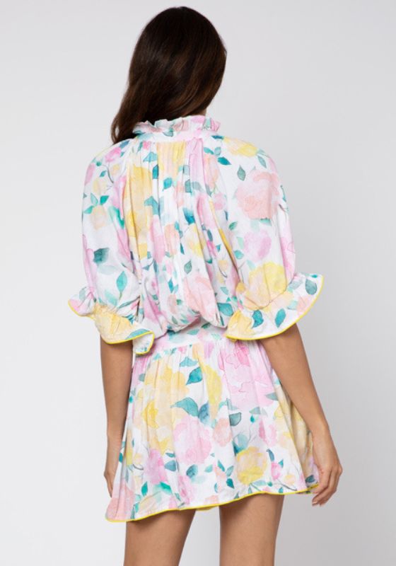 Peony Print Blouson Dress Lemon