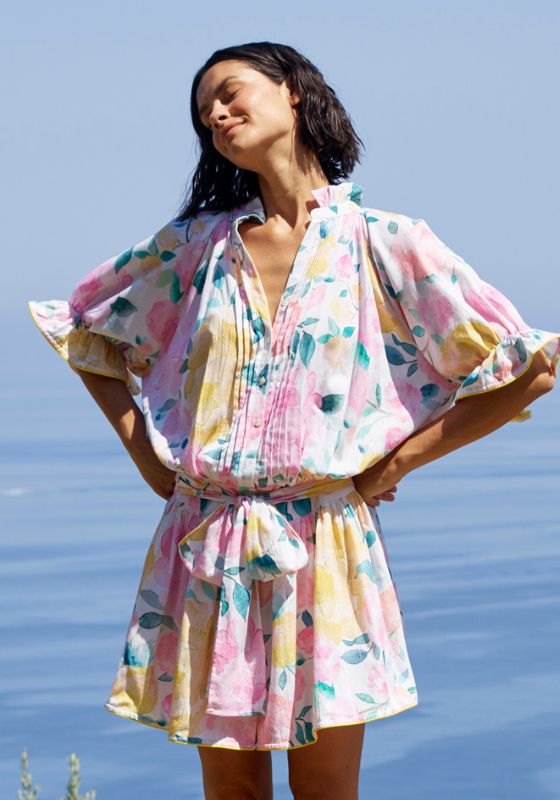 Juliet Dunn Peony Print Blouson Dress Lemon