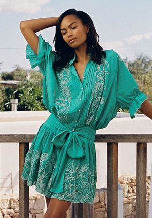 Juliet Dunn, Blouson Cut Out Embroidered Dress, Jade