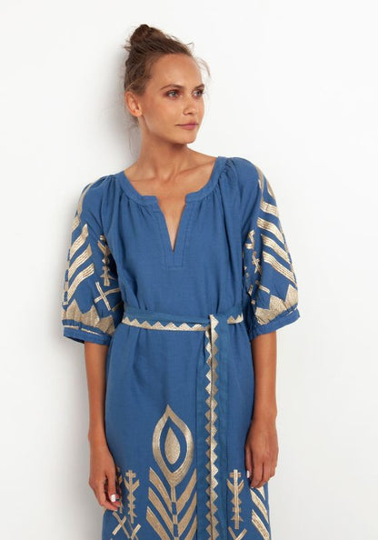 Maxi Kaftan with Feather Embroidery Indigo