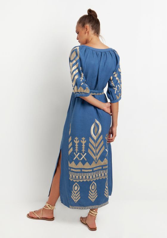 Maxi Kaftan with Feather Embroidery Indigo