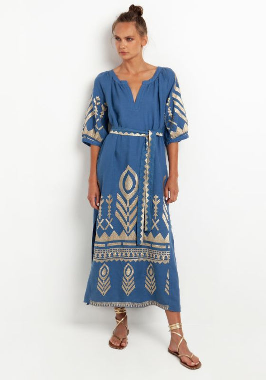 Greek Archaic Kori, Maxi Kaftan with Feather Embroidery Indigo