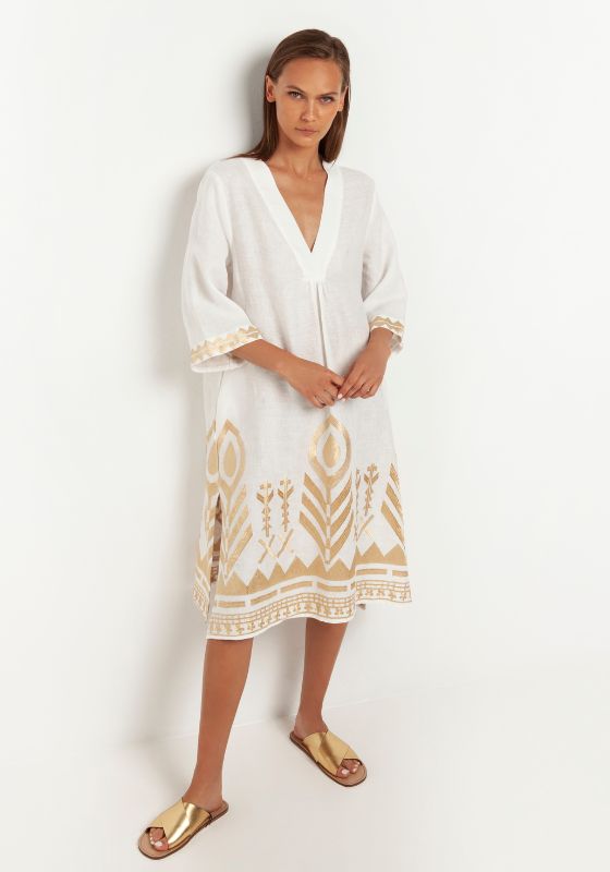 Greek Archaic Kori, white midi kaftan with gold embroidery