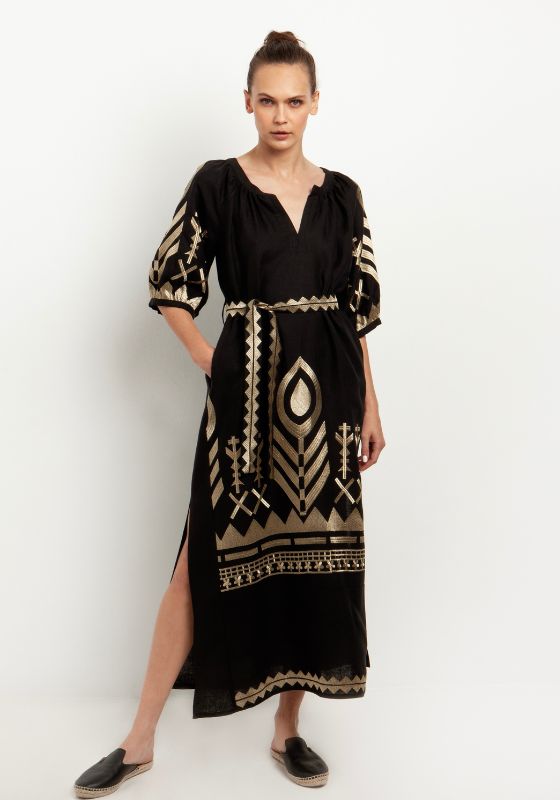 Greek Archaic Kori | Peacock Maxi Kaftan Black – Beach Cafe