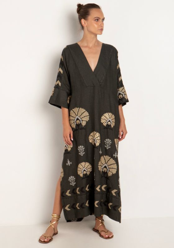 Greek Archaic Kori, Peacock Vneck Kaftan Khaki