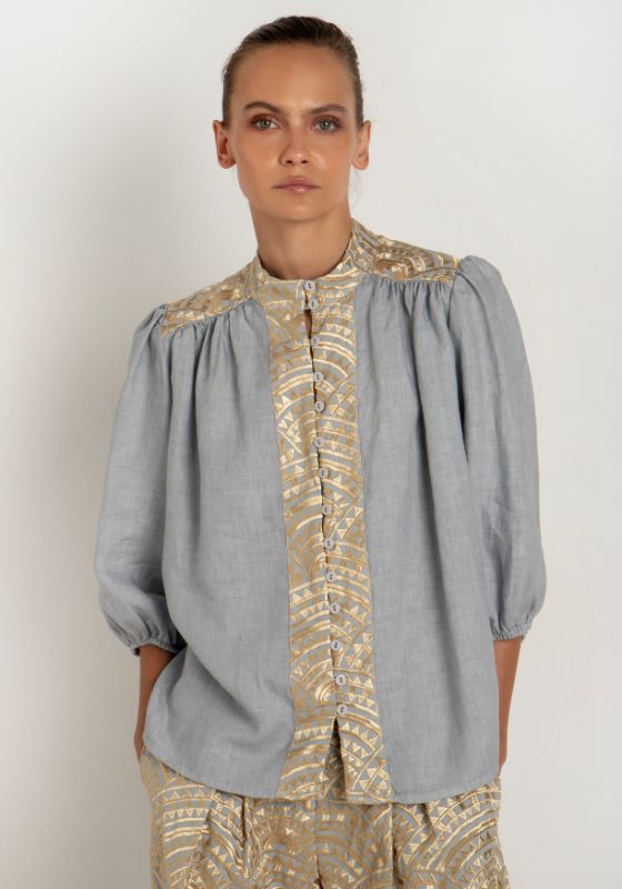 Greek Archaic Kori Grey Triangle Embroidery Blouse