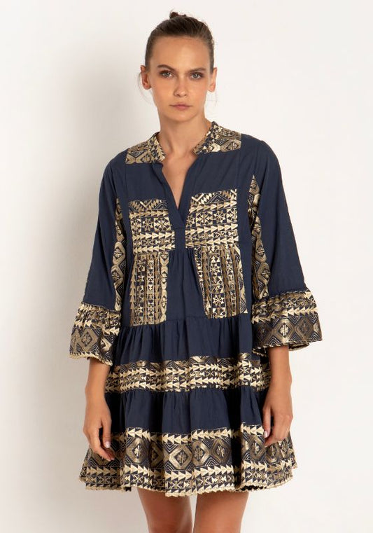 Greek Archaic Kori, Long sleeve mini dress navy and gold