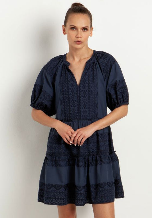 Greek Archaic Kori Navy Embroidered Mini Dress