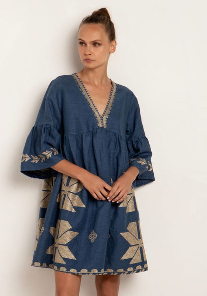 Greek Archaic Kori Windmill Mini Dress in Indigo