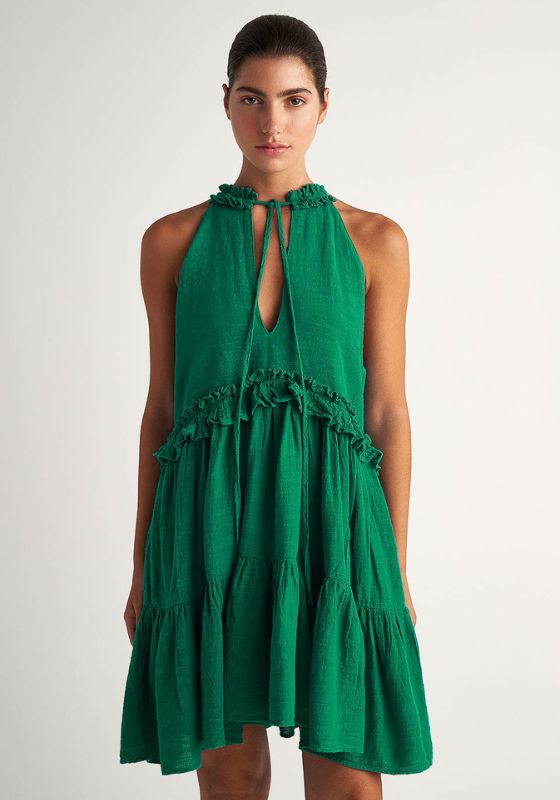 Pearl and Caviar, Gauze Sleevesless Tie Dress in Green