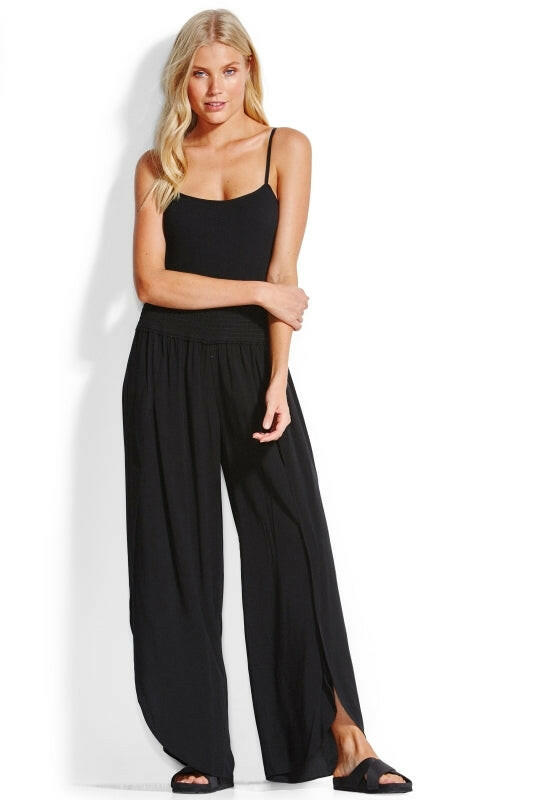 Seafolly Shirred Waist Wrap Pants, Beach Trousers Black